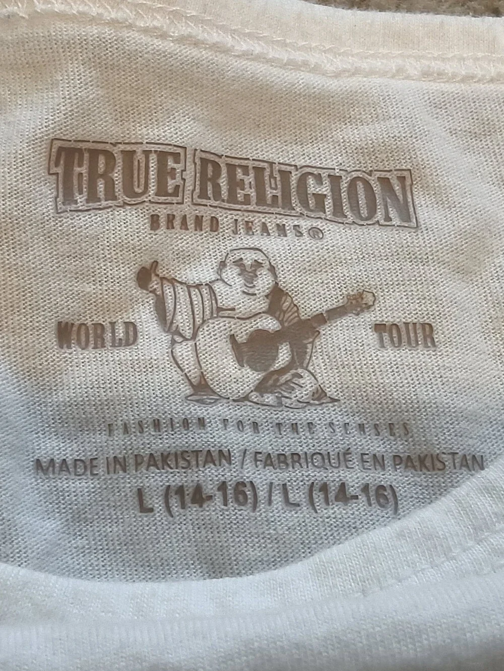 True Religion White Tee with Taupe Graphic Logo